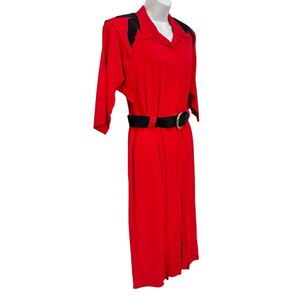 Vintage 80s Red Black Collared Belted Pleated Shoulder Pads Midi Dress size M - Picture 11 of 16